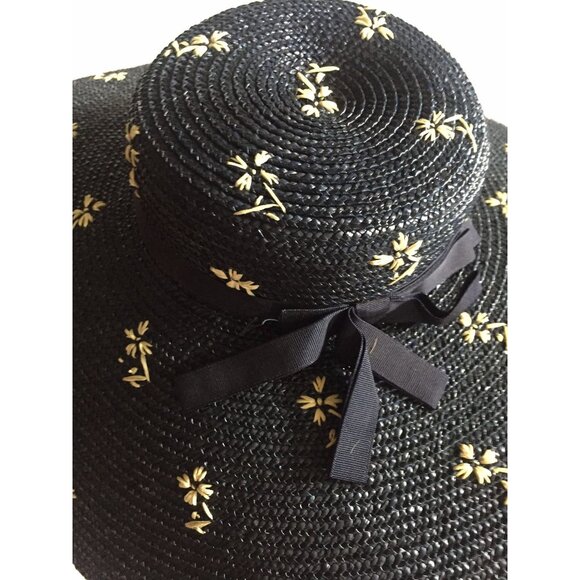 Vtg 1950\'s  Women\'s Hand Woven Straw Hat Navy Blue With Hand Sewn White Flowers
